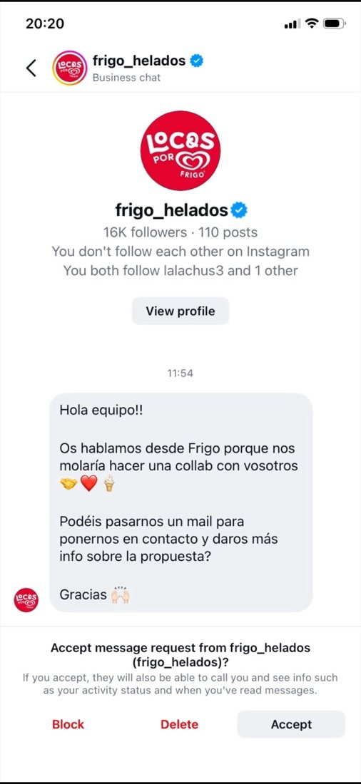 Captura del mensaje directo de Instagram de Frigo a Nostalgic proponiendo una colaboración